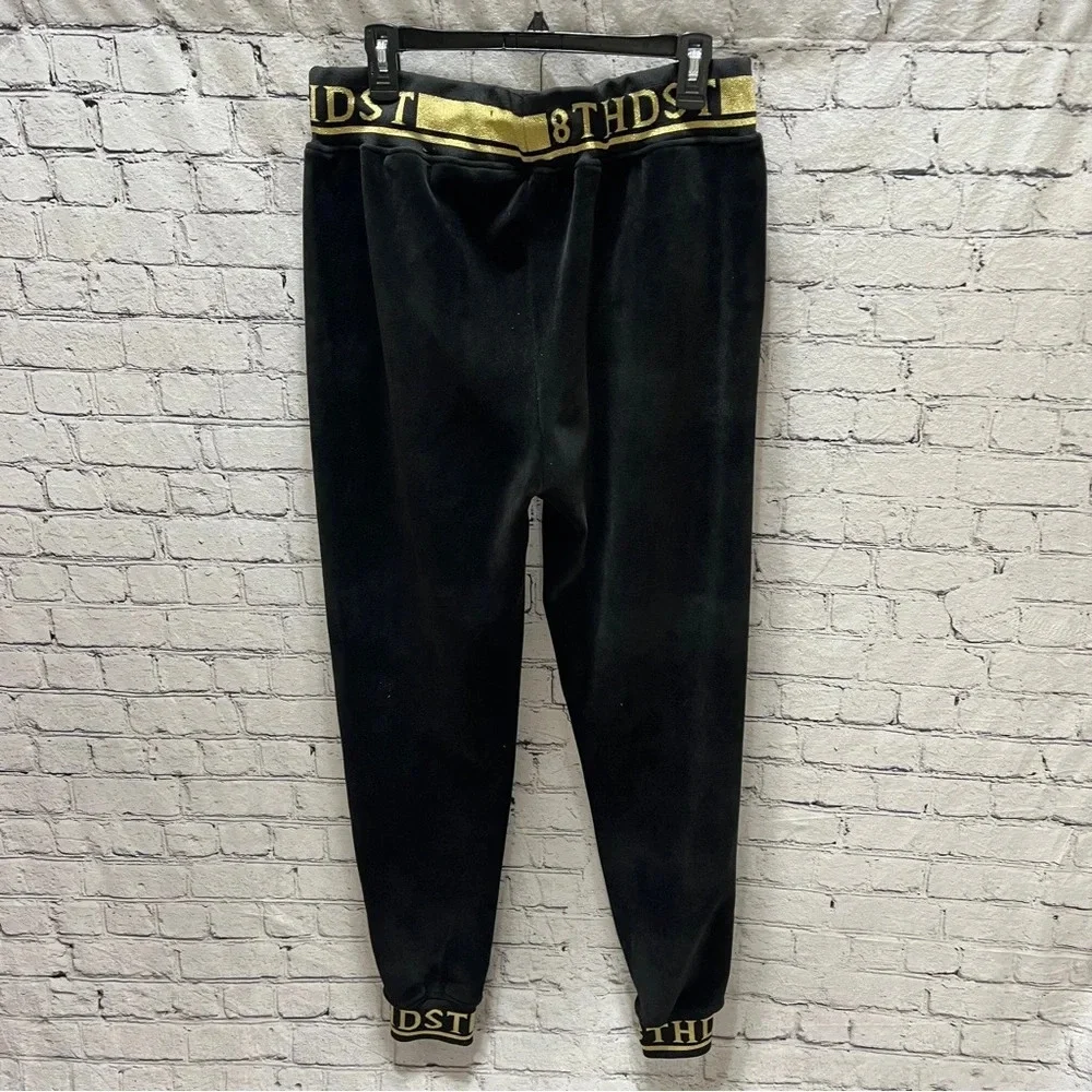 8IGHTH DSTRKT Men’s Black Velour Joggers XL Gold Trim Streetwear Athleisure